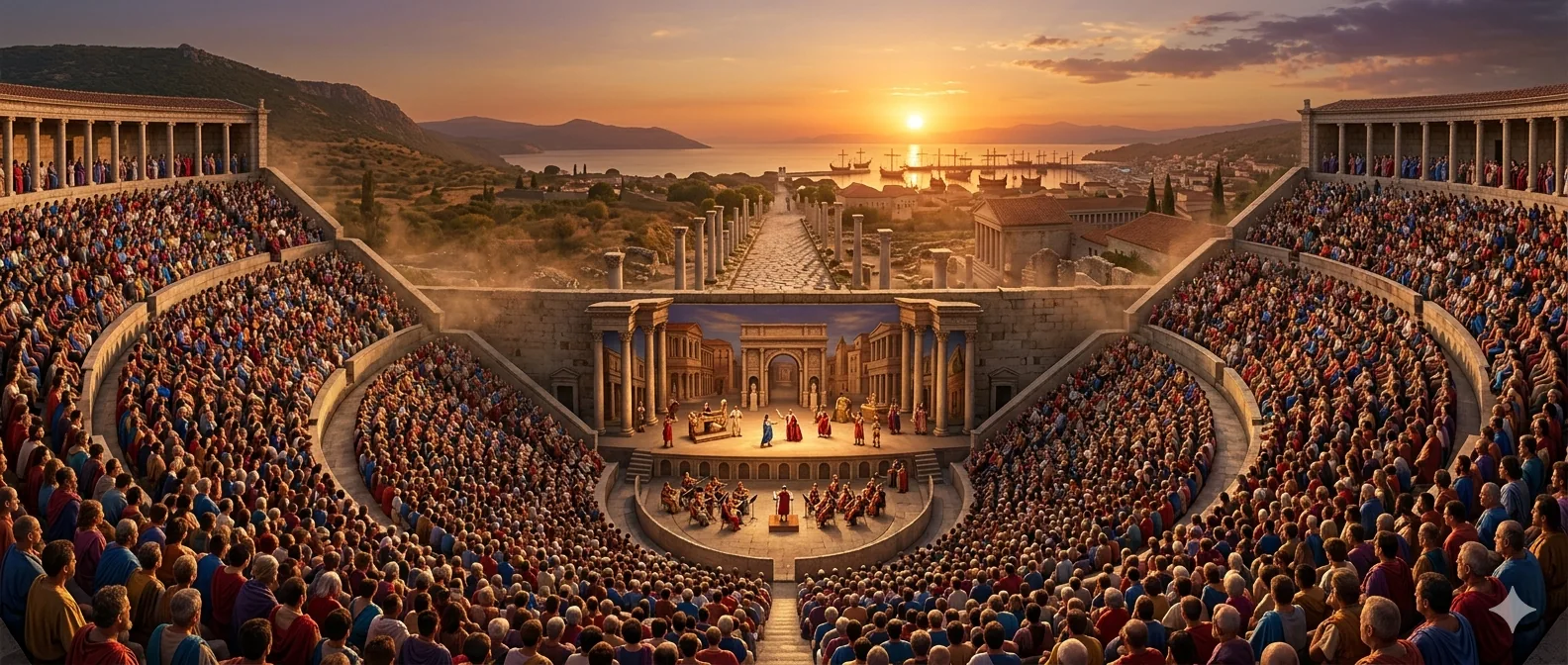 Crowded Great Theatre of Ephesus during a performance with a view of the Arcadian Way