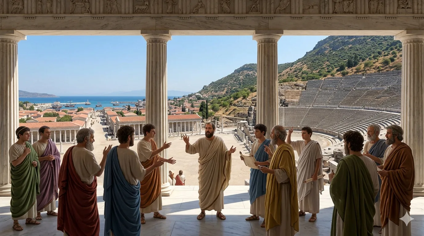 Hellenistic-philosophers-debating-in-the-shaded-stoa-of-the-Ephesus-Agora-with-theatre-vie