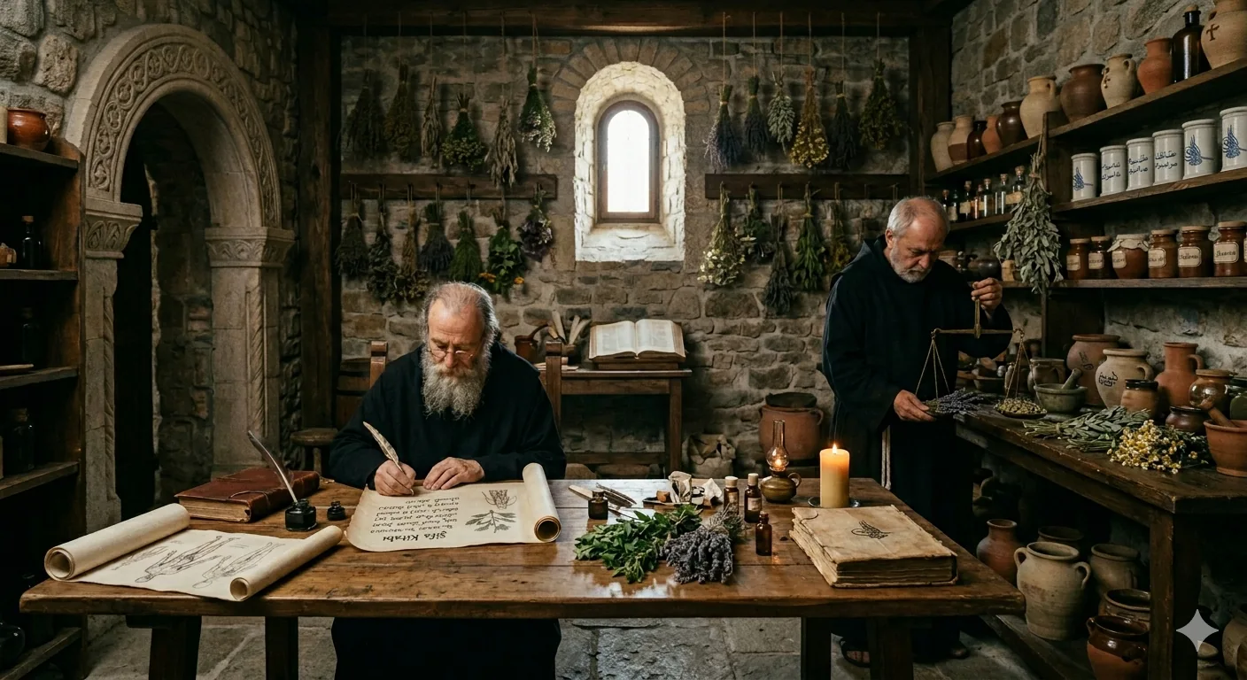 Byzantine-monks-copying-ancient-medical-manuscripts-and-preparing-herbal-remedies-in-a-mon