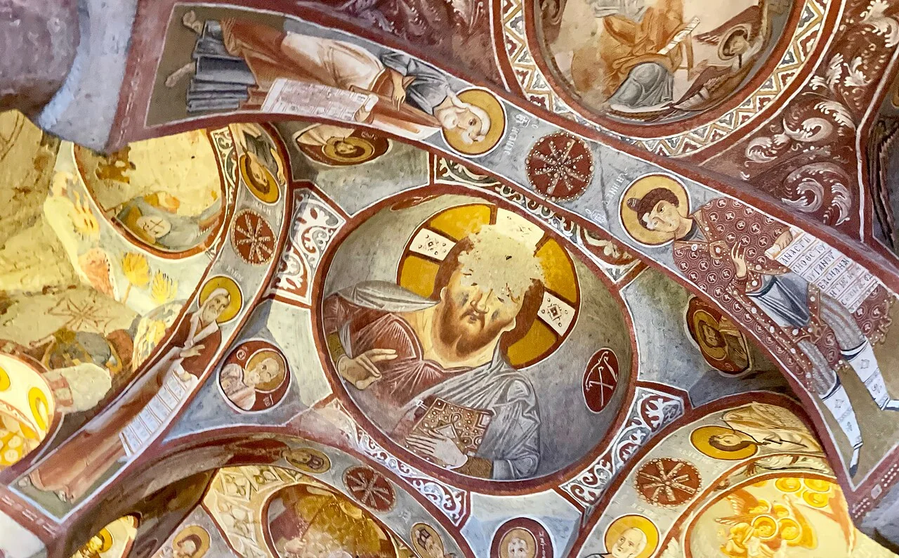 Painted ceiling inside Elmalı Church at Göreme Open-Air Museum