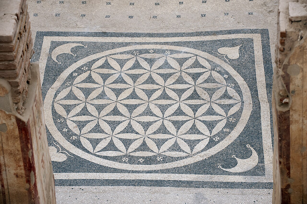 Geometric black and white mosaic floor preserved in the Ephesus Terrace Houses