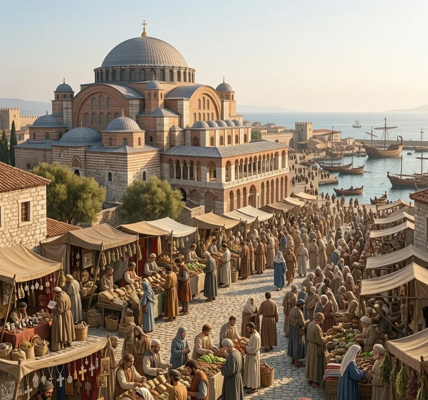 ephesus-ancient-cityByzantine-pilgrims-and-local-vendors-gathering-outside-the-Basilica-of
